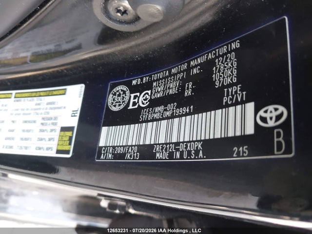 Продаж на аукціоні авто 2021 Toyota Corolla L, vin: 5YFBPMBE0MP199941, номер лоту: 12653231