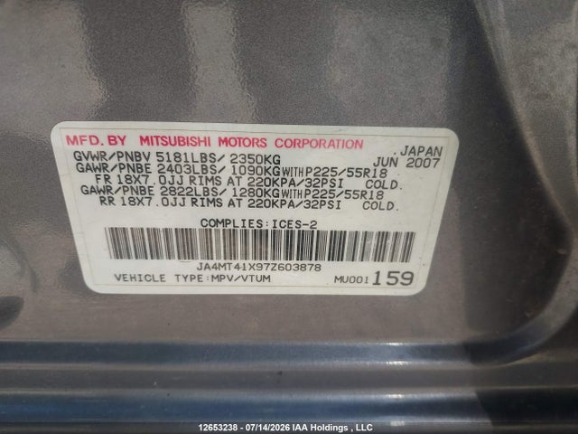 Aukcja sprzedaży 2007 Mitsubishi Outlander Xls, vin: JA4MT41X97Z603878, numer aukcji: 12653238