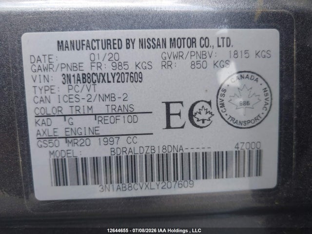 Aukcja sprzedaży 2020 Nissan Sentra Sv, vin: 3N1AB8CVXLY207609, numer aukcji: 12644655