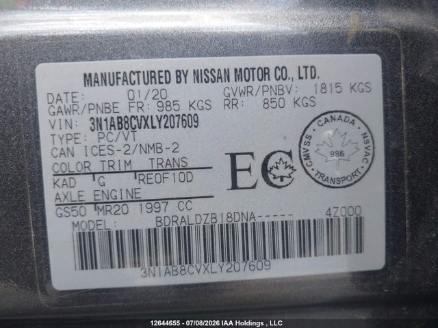 Aukcja sprzedaży 2020 Nissan Sentra Sv, vin: 3N1AB8CVXLY207609, numer aukcji: 12644655