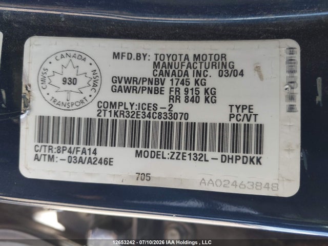 12653242 :رقم المزاد ، 2T1KR32E34C833070 vin ، 2004 Toyota Corolla Matrix Xr مزاد بيع