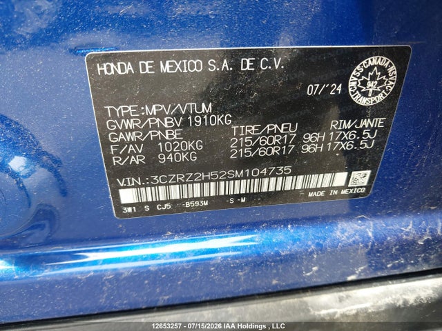 Aukcja sprzedaży 2025 Honda Hr-v Sport-b, vin: 3CZRZ2H52SM104735, numer aukcji: 12653257