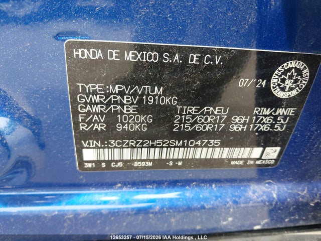 Aukcja sprzedaży 2025 Honda Hr-v Sport-b, vin: 3CZRZ2H52SM104735, numer aukcji: 12653257