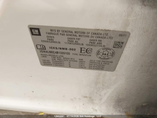 Aukcja sprzedaży 2011 Chevrolet Equinox Ls, vin: 2GNALBEC4B1309155, numer aukcji: 12653261
