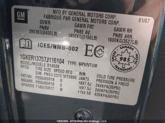 12653265 :رقم المزاد ، 1GKER13757J116104 vin ، 2007 Gmc Acadia Sle مزاد بيع