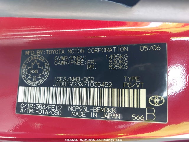 Aukcja sprzedaży 2007 Toyota Yaris, vin: JTDBT923X71035452, numer aukcji: 12653266