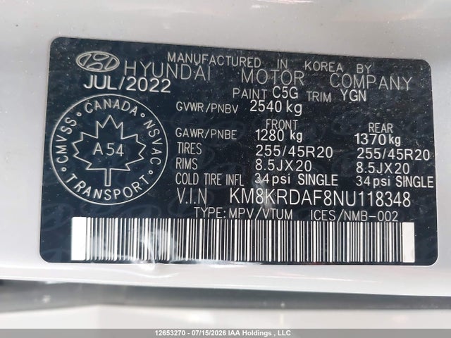 12653270 :رقم المزاد ، KM8KRDAF8NU118348 vin ، 2022 Hyundai Ioniq 5 Limited مزاد بيع