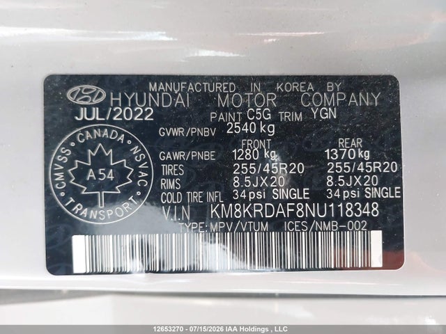 12653270 :رقم المزاد ، KM8KRDAF8NU118348 vin ، 2022 Hyundai Ioniq 5 Limited مزاد بيع
