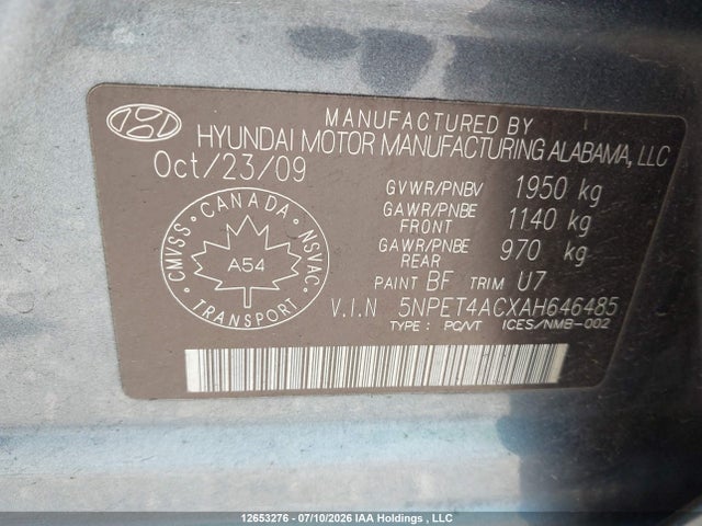 12653276 :رقم المزاد ، 5NPET4ACXAH646485 vin ، 2010 Hyundai Sonata Gls مزاد بيع