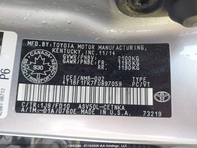 Продажа на аукционе авто 2015 Toyota Camry Le/xle/se/xse, vin: 4T1BF1FK7FU897059, номер лота: 12653286