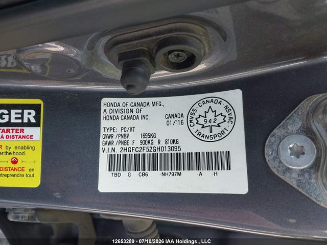 Honda Civic Lx 2016 2HGFC2F52GH013095 Image 9