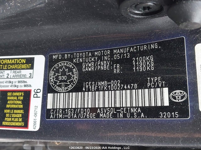2013 Toyota Camry Le მანქანა იყიდება აუქციონზე, vin: 4T1BF1FK1DU274470, აუქციონის ნომერი: 12633620
