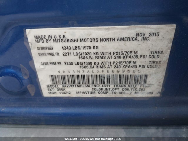 Aukcja sprzedaży 2015 Mitsubishi Rvr Es/se, vin: 4A4AH3AUXFE609505, numer aukcji: 12643694