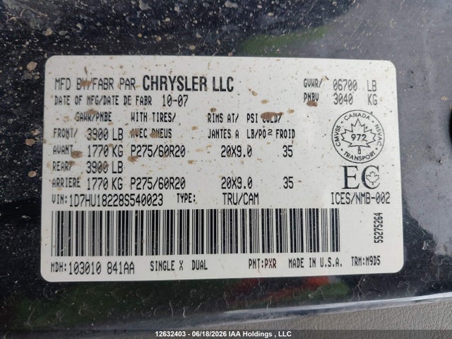 2008 Dodge Ram 1500 Slt მანქანა იყიდება აუქციონზე, vin: 1D7HU18228S540023, აუქციონის ნომერი: 12632403