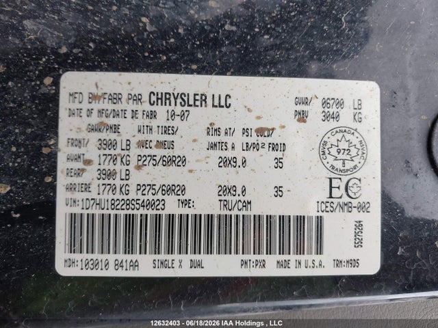 2008 Dodge Ram 1500 Slt მანქანა იყიდება აუქციონზე, vin: 1D7HU18228S540023, აუქციონის ნომერი: 12632403