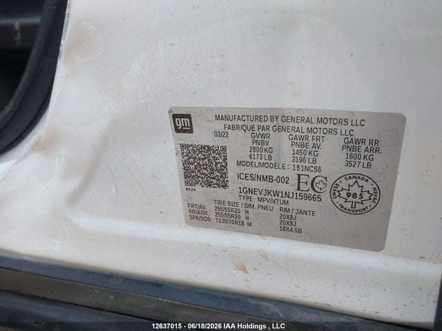 12637015 :رقم المزاد ، 1GNEVJKW1NJ159665 vin ، 2022 Chevrolet Traverse Rs مزاد بيع