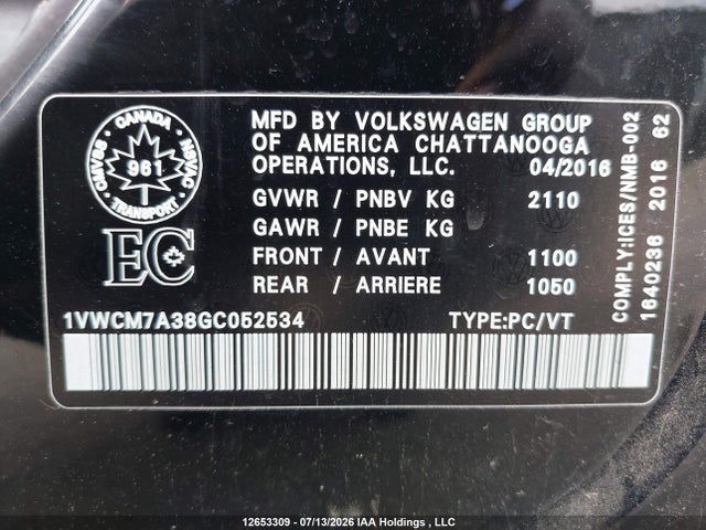 Aukcja sprzedaży 2016 Volkswagen Passat Sel Premium, vin: 1VWCM7A38GC052534, numer aukcji: 12653309