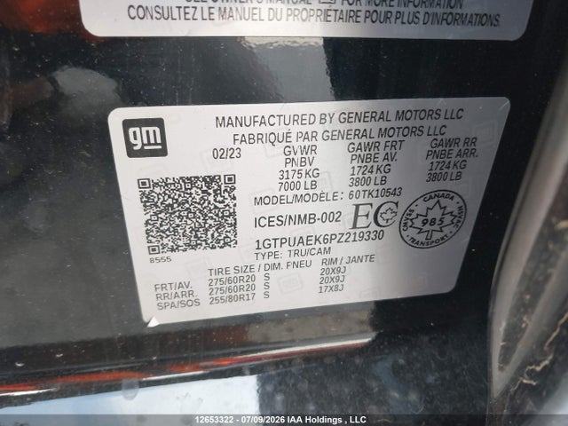 12653322 :رقم المزاد ، 1GTPUAEK6PZ219330 vin ، 2023 Gmc Sierra 1500 مزاد بيع