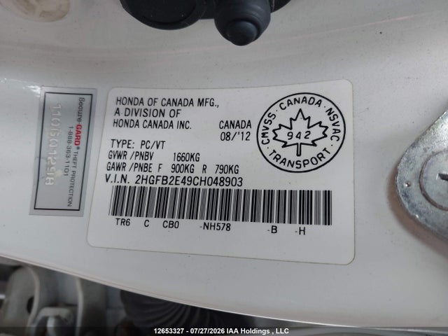 Aukcja sprzedaży 2012 Honda Civic, vin: 2HGFB2E49CH048903, numer aukcji: 12653327