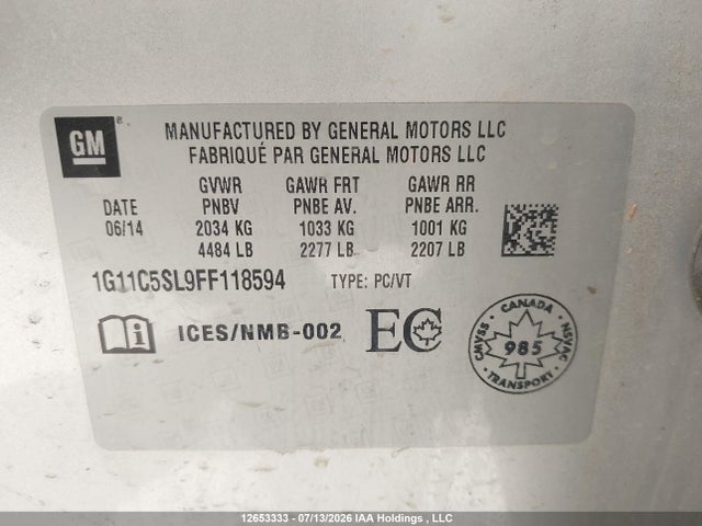Продаж на аукціоні авто 2015 Chevrolet Malibu 1lt, vin: 1G11C5SL9FF118594, номер лоту: 12653333