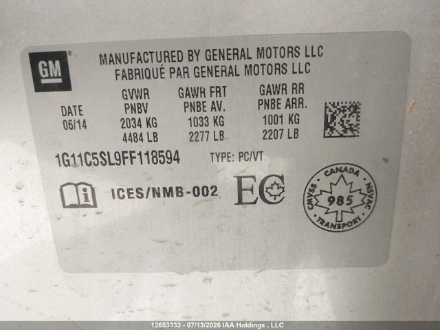 Продаж на аукціоні авто 2015 Chevrolet Malibu 1lt, vin: 1G11C5SL9FF118594, номер лоту: 12653333