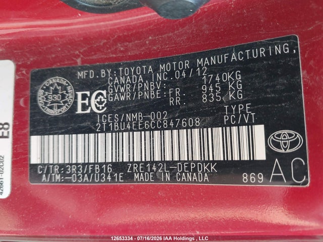 12653334 :رقم المزاد ، 2T1BU4EE6CC847608 vin ، 2012 Toyota Corolla مزاد بيع