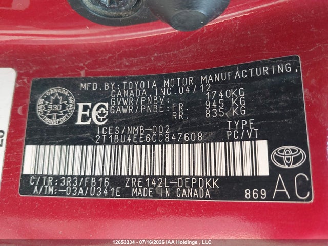 12653334 :رقم المزاد ، 2T1BU4EE6CC847608 vin ، 2012 Toyota Corolla مزاد بيع