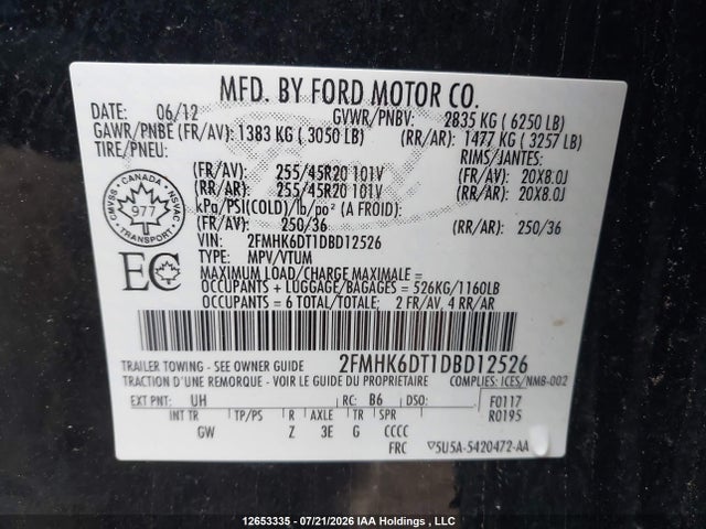 12653335 :رقم المزاد ، 2FMHK6DT1DBD12526 vin ، 2013 Ford Flex Limited مزاد بيع