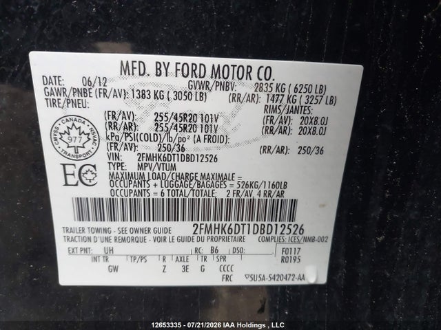 12653335 :رقم المزاد ، 2FMHK6DT1DBD12526 vin ، 2013 Ford Flex Limited مزاد بيع