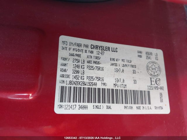 12653342 :رقم المزاد ، 1J8GN28K28W192640 vin ، 2008 Jeep Liberty Sport مزاد بيع