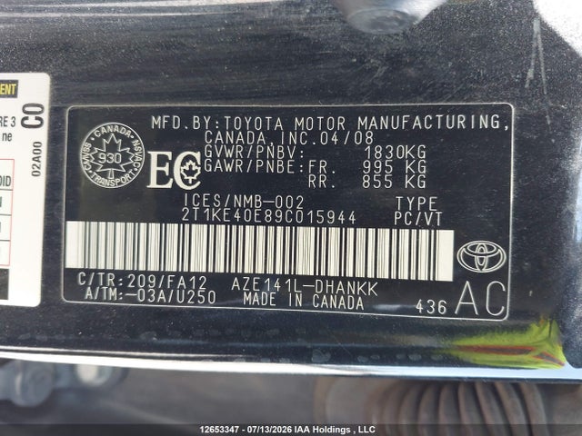 Aukcja sprzedaży 2009 Toyota Corolla Matrix S, vin: 2T1KE40E89C015944, numer aukcji: 12653347