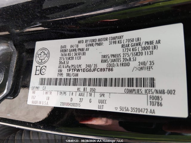 Ford F-150 Lariat 2018 1FTFW1EG0JFC89786 Image 9