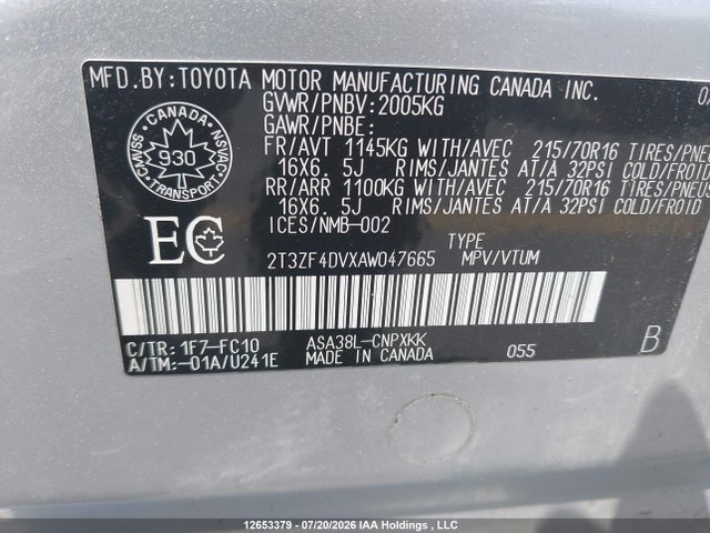12653379 :رقم المزاد ، 2T3ZF4DVXAW047665 vin ، 2010 Toyota Rav4 مزاد بيع