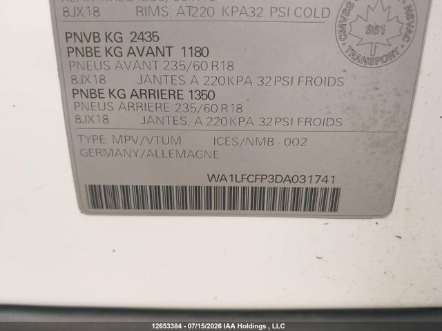 2013 Audi Q5 Premium Plus მანქანა იყიდება აუქციონზე, vin: WA1LFCFP3DA031741, აუქციონის ნომერი: 12653384