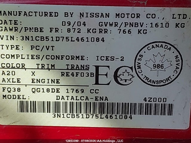 2005 Nissan Sentra 1.8/1.8s მანქანა იყიდება აუქციონზე, vin: 3N1CB51D75L461084, აუქციონის ნომერი: 12653390
