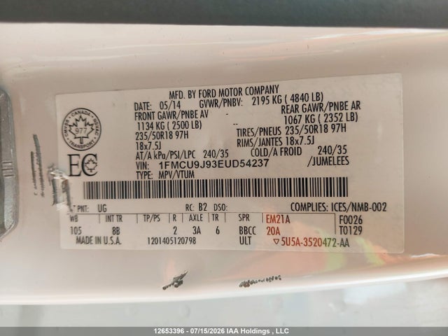 Aukcja sprzedaży 2014 Ford Escape Titanium, vin: 1FMCU9J93EUD54237, numer aukcji: 12653396