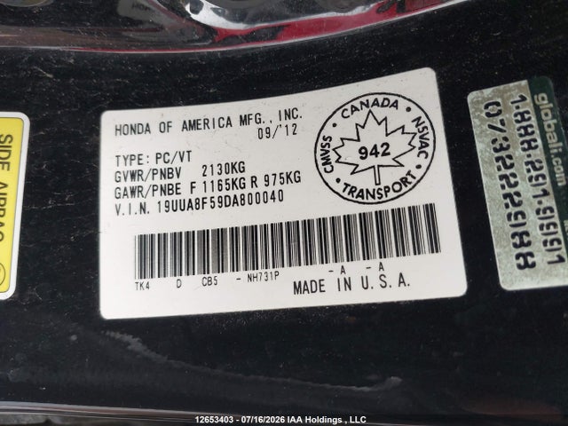 12653403 :رقم المزاد ، 19UUA8F59DA800040 vin ، 2013 Acura Tl مزاد بيع