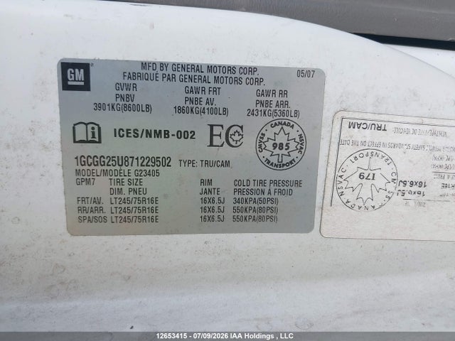 2007 Chevrolet Express G2500 მანქანა იყიდება აუქციონზე, vin: 1GCGG25U871229502, აუქციონის ნომერი: 12653415