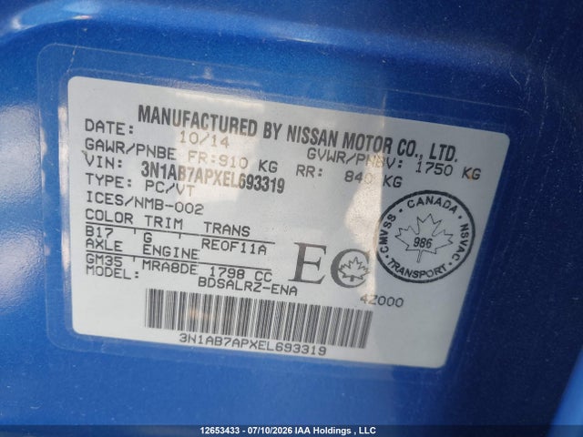 2014 Nissan Sentra მანქანა იყიდება აუქციონზე, vin: 3N1AB7APXEL693319, აუქციონის ნომერი: 12653433