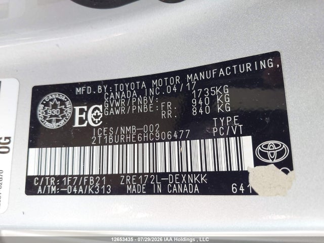 2017 Toyota Corolla Le მანქანა იყიდება აუქციონზე, vin: 2T1BURHE6HC906477, აუქციონის ნომერი: 12653435