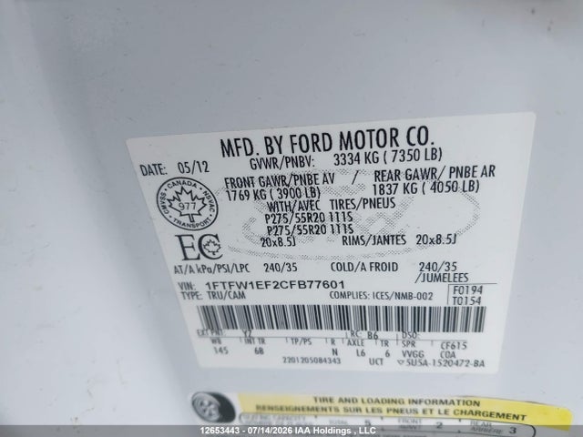 Aukcja sprzedaży 2012 Ford F150 Supercrew, vin: 1FTFW1EF2CFB77601, numer aukcji: 12653443