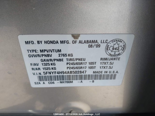 2010 Honda Pilot Touring მანქანა იყიდება აუქციონზე, vin: 5FNYF4H94AB502847, აუქციონის ნომერი: 12653450