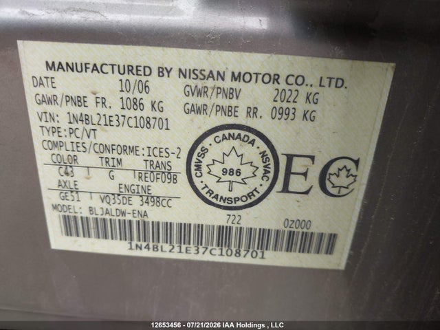 Продажа на аукционе авто 2007 Nissan Altima 3.5se/3.5sl, vin: 1N4BL21E37C108701, номер лота: 12653456