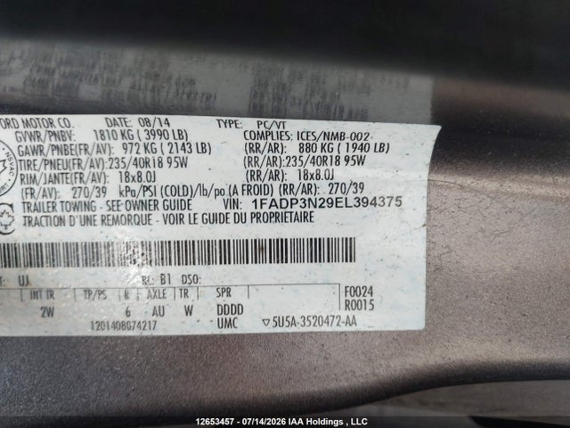 Продаж на аукціоні авто 2014 Ford Focus, vin: 1FADP3N29EL394375, номер лоту: 12653457