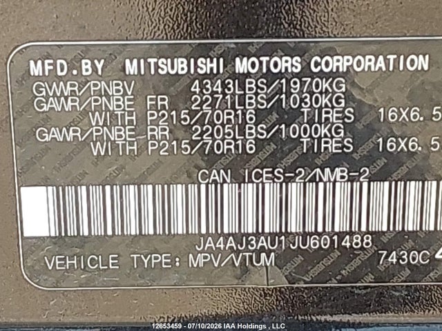 Продажа на аукционе авто 2018 Mitsubishi Rvr Se, vin: JA4AJ3AU1JU601488, номер лота: 12653459