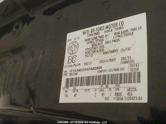 12653460 :رقم المزاد ، 1FTKR4EE5APA62898 vin ، 2010 Ford Ranger مزاد بيع