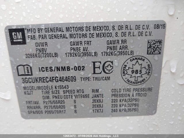 12653472 :رقم المزاد ، 3GCUKREC4FG464609 vin ، 2015 Chevrolet Silverado 1500 Lt مزاد بيع