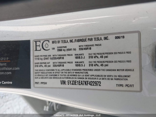 5YJ3E1EA7KF422972 Tesla MODEL 3