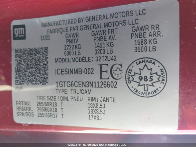 12653479 :رقم المزاد ، 1GTG6CEN3N1126602 vin ، 2022 Gmc Canyon Elevation مزاد بيع
