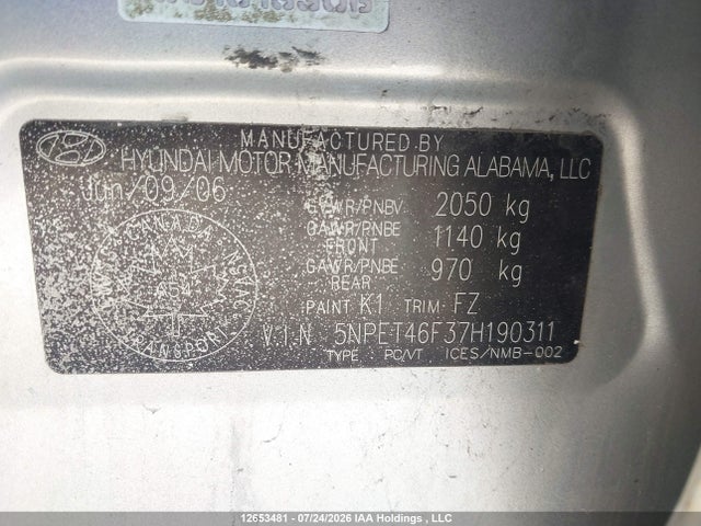 Aukcja sprzedaży 2007 Hyundai Sonata Gl V6/gls V6, vin: 5NPET46F37H190311, numer aukcji: 12653481
